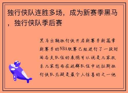 独行侠队连胜多场，成为新赛季黑马，独行侠队季后赛
