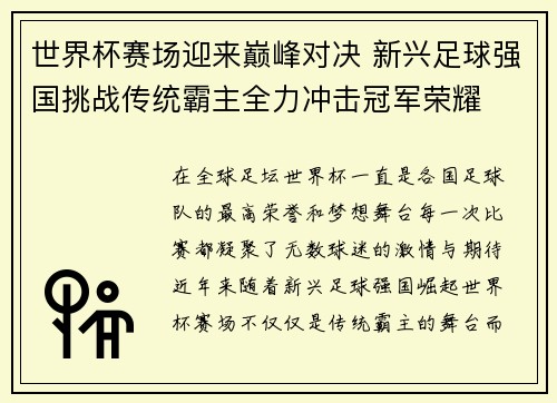 世界杯赛场迎来巅峰对决 新兴足球强国挑战传统霸主全力冲击冠军荣耀